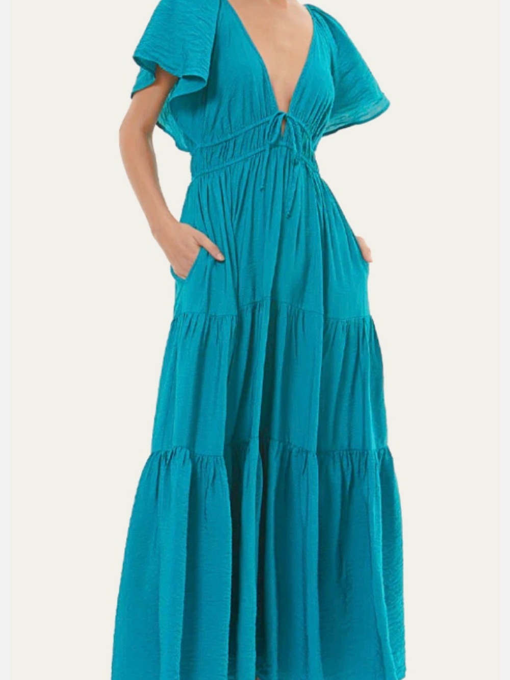 YFB Young Fabulous & Broke Turquoise Tiered MARA Maxi Dress with V-Neck